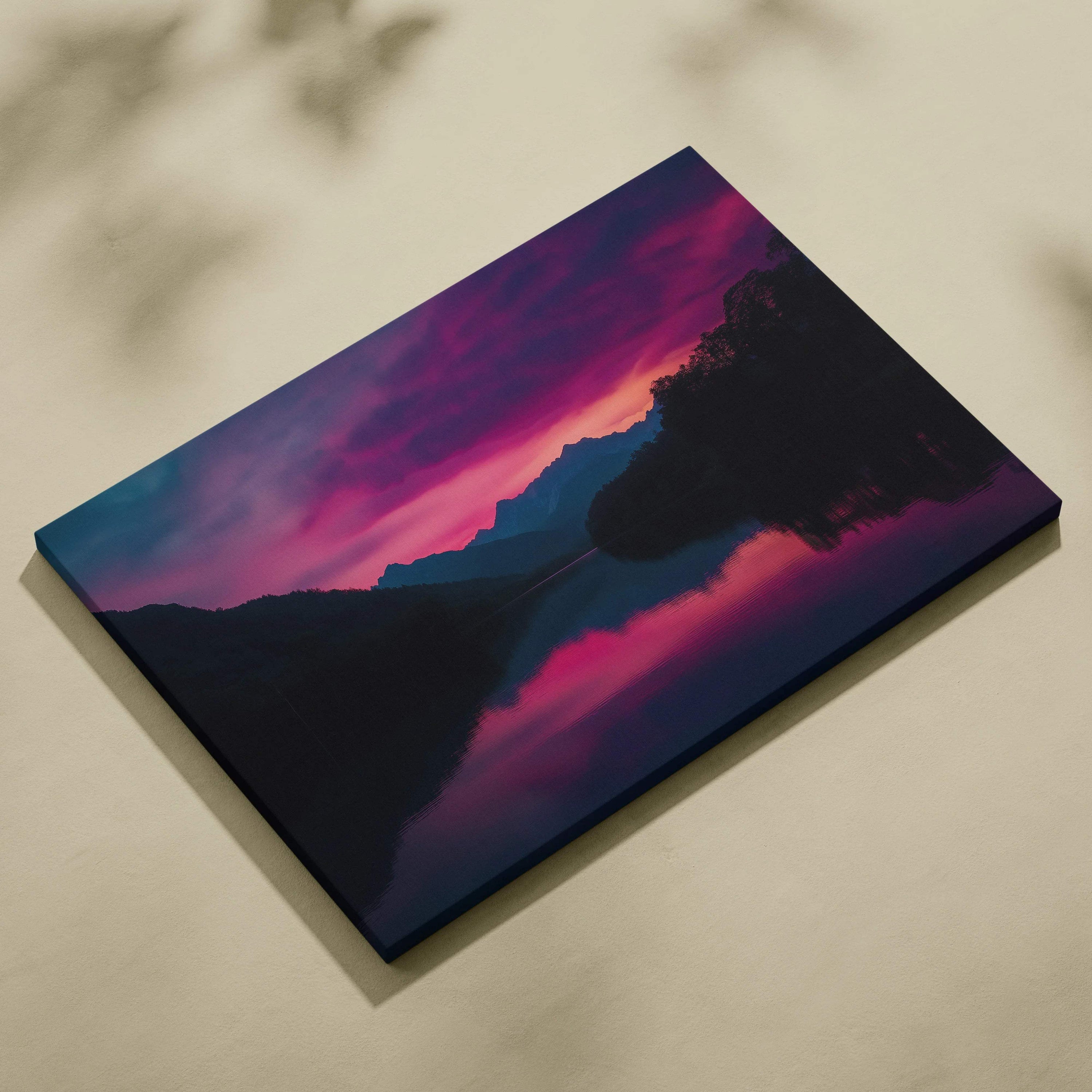 Vibrant canvas wall art of sunset over mountains reflected on calm lake