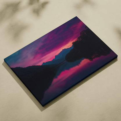 Vibrant canvas wall art of sunset over mountains reflected on calm lake