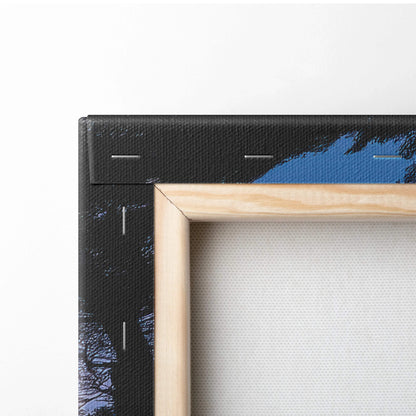 Light wood frame with black border, blue abstract sunset lake mountains art