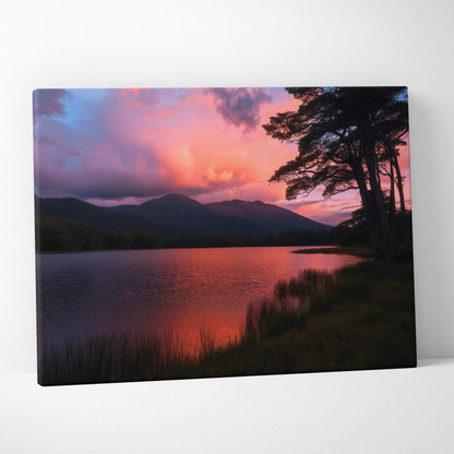 Canvas wall art of serene lakeside sunset with mountains, trees, reflections