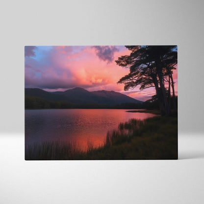 Canvas wall art of lakeside sunset with silhouetted trees and mountains