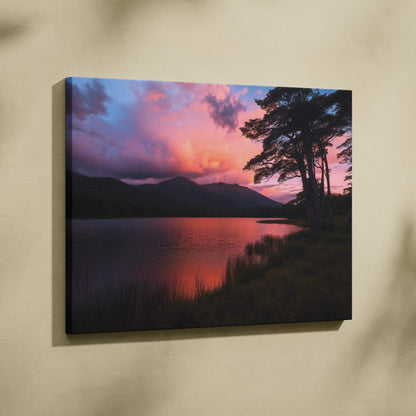 Canvas wall art of serene sunset lake with silhouetted trees and mountains