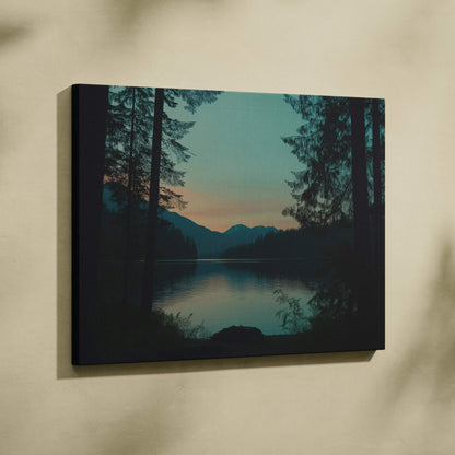 Canvas print of serene forest lake at dusk with mountains and sunset sky