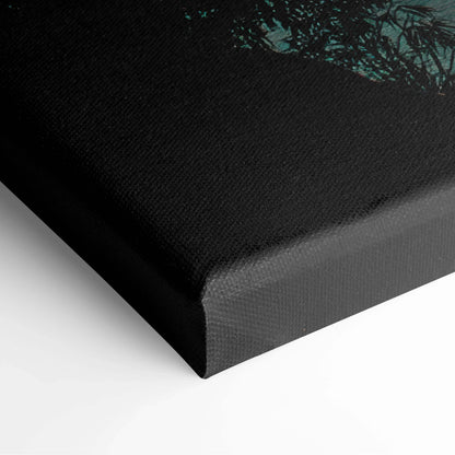 Black canvas print with textured dark green foliage and teal orange sunset scene