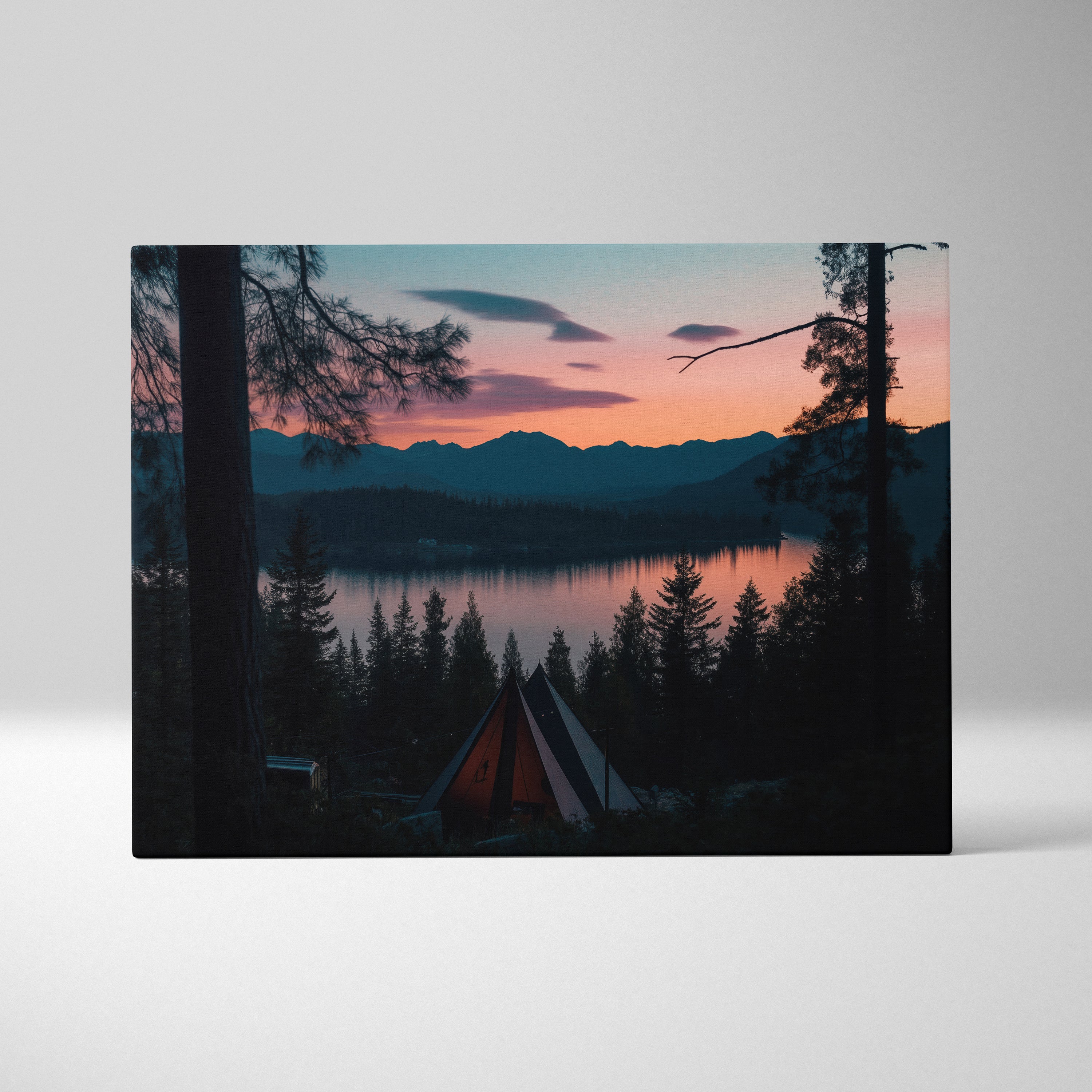 Canvas Wall Art Nature Landscape Mountains By Forest Lake At Dusk Tranquil Sunset Blues And Pinks