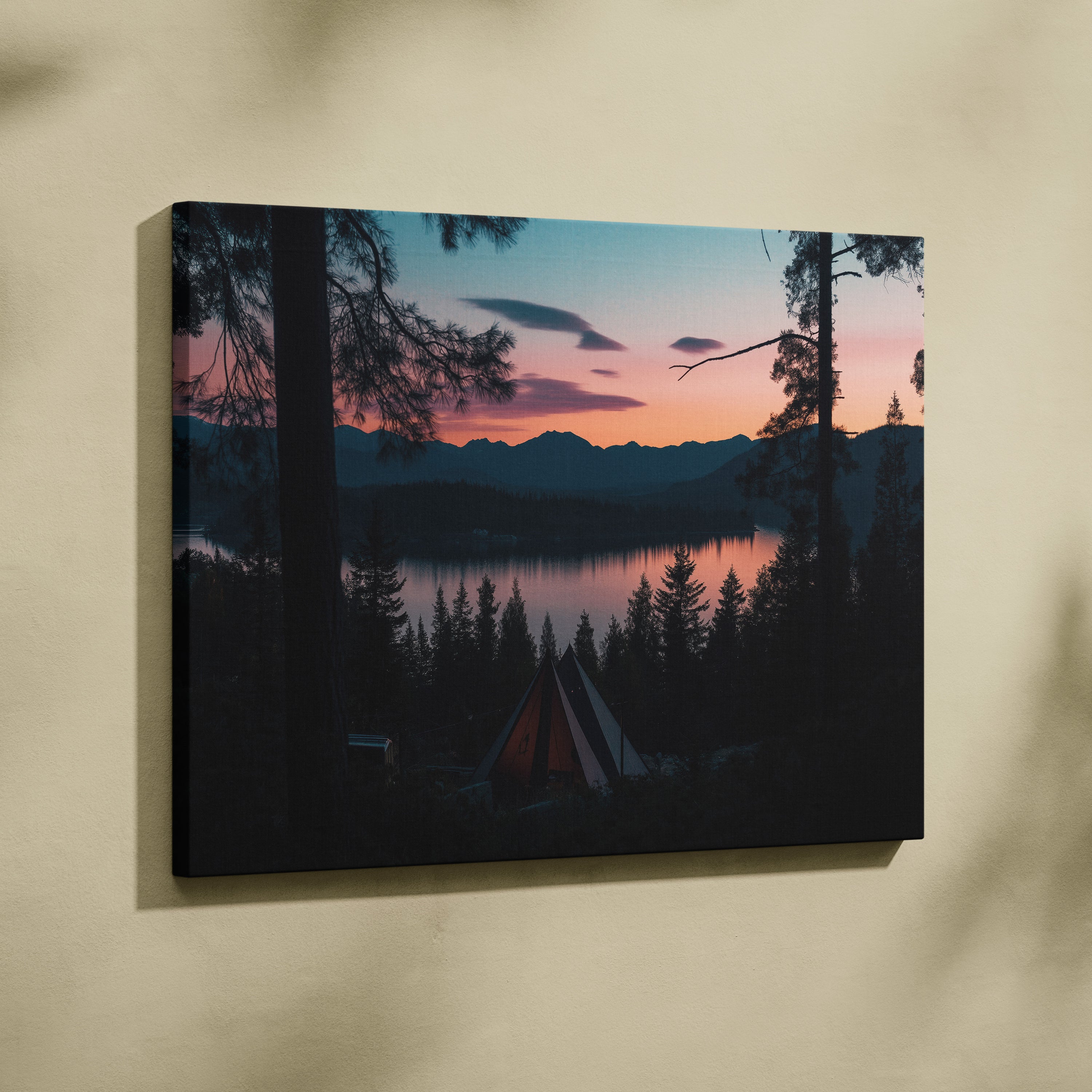 Canvas Wall Art Nature Landscape Mountains By Forest Lake At Dusk Tranquil Sunset Blues And Pinks