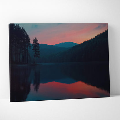 Serene lakeside canvas wall art with mountains, trees, pink teal dusk sky reflection