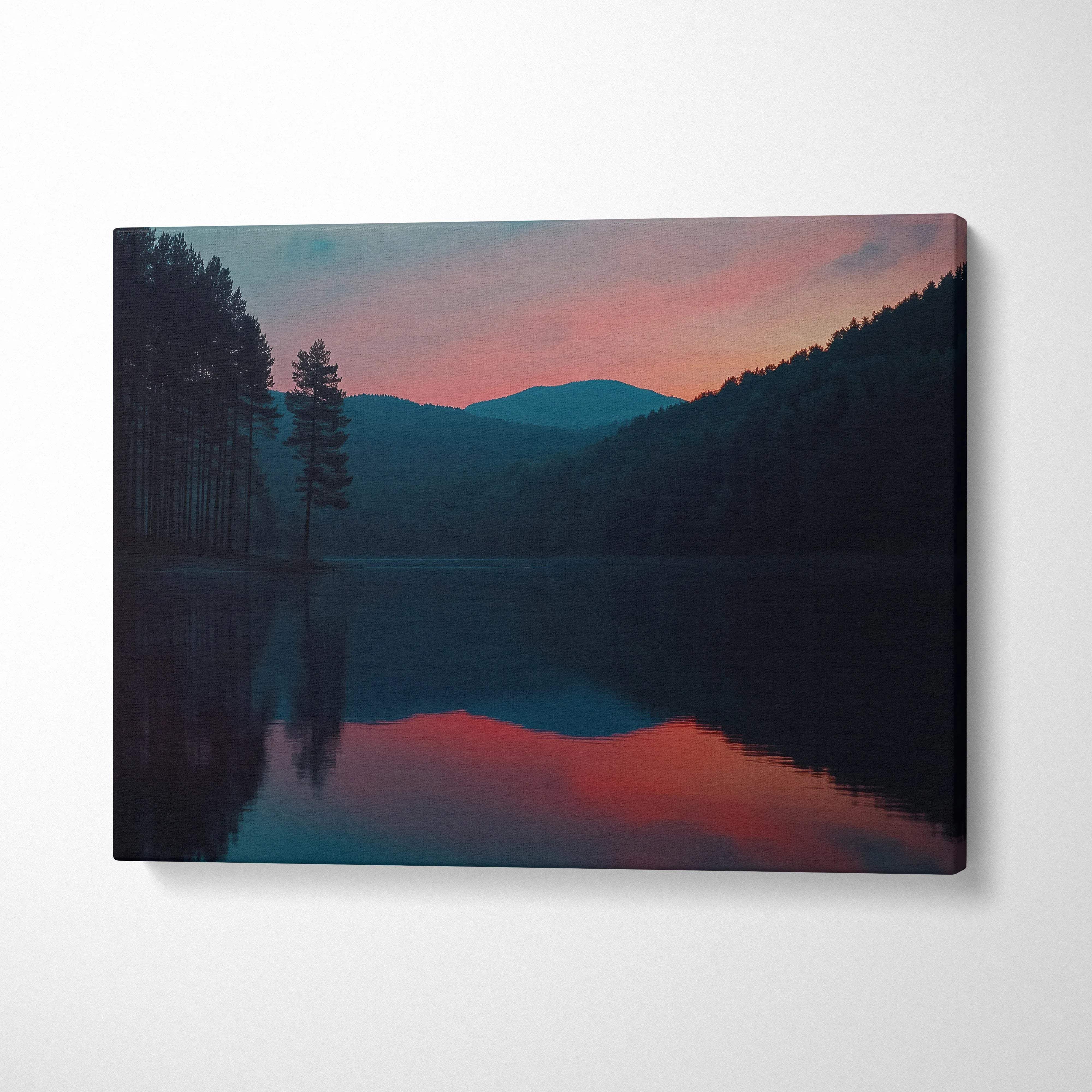 Serene canvas print of lakeside mountains at dusk in pink teal hues
