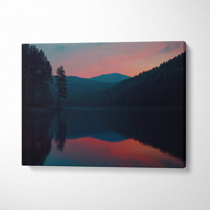 Serene canvas print of lakeside mountains at dusk in pink teal hues