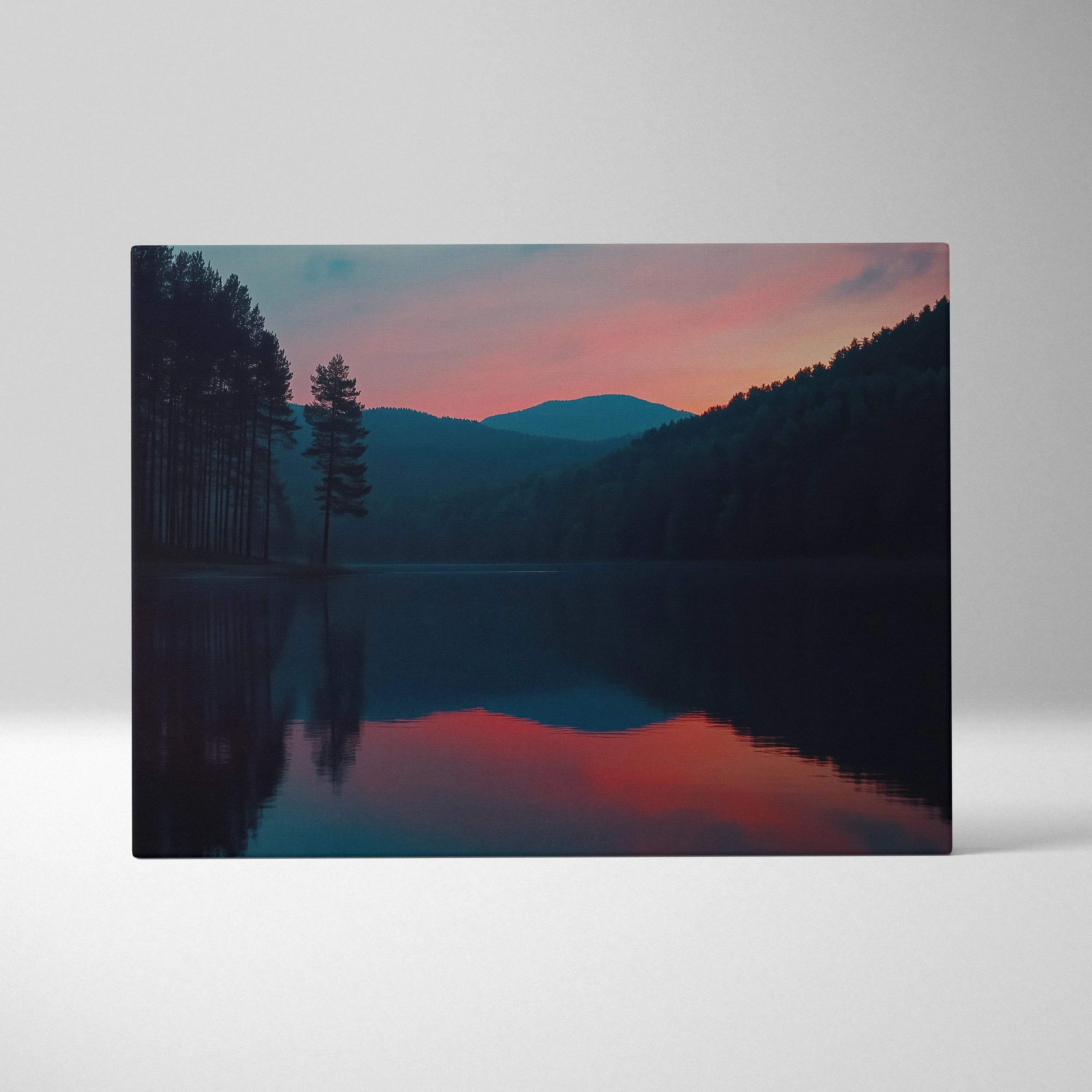 Serene lake at dusk canvas print with mountains, trees, pink teal hues