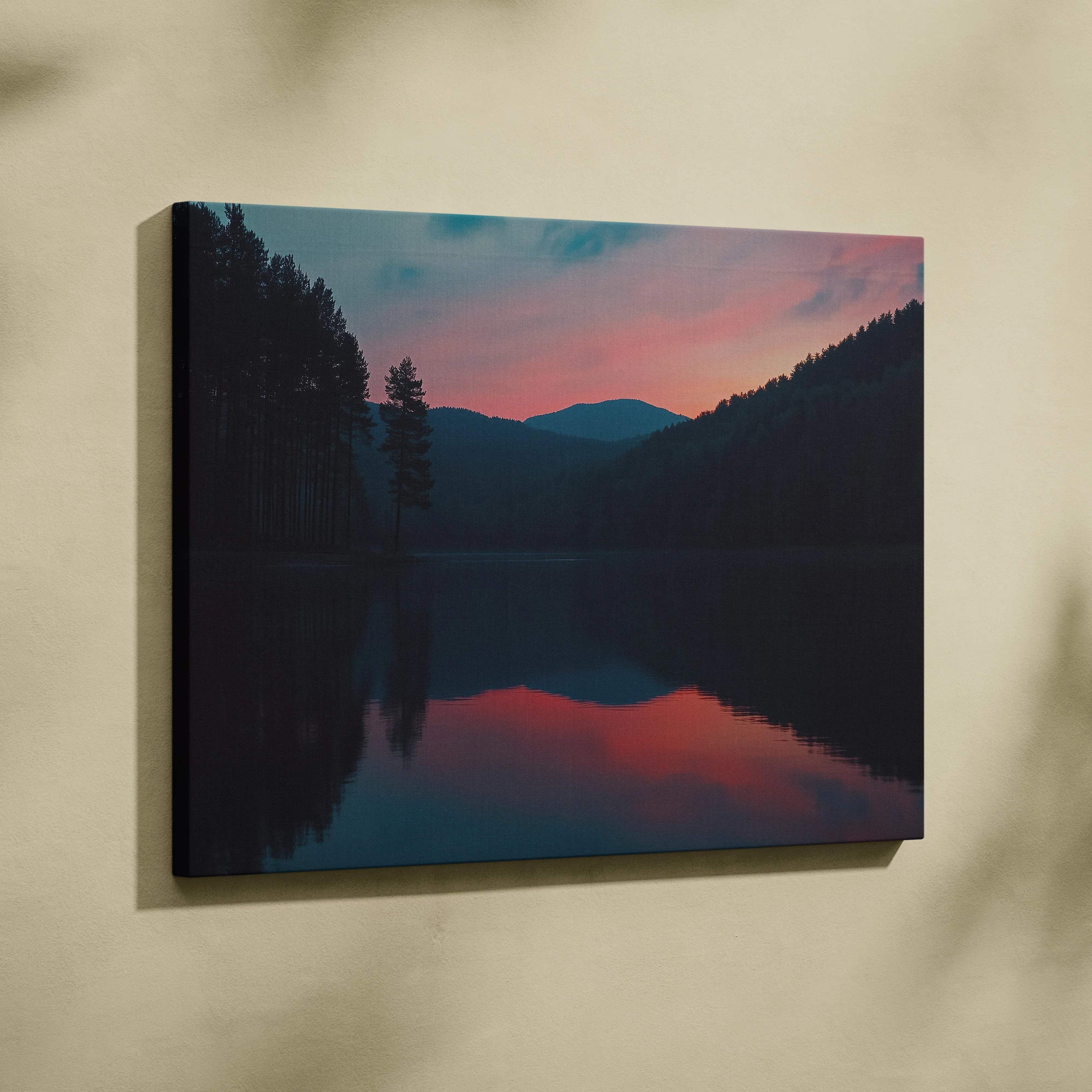 Serene canvas wall art of mountain lake at dusk in blue pink hues