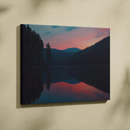 Serene canvas wall art of mountain lake at dusk in blue pink hues