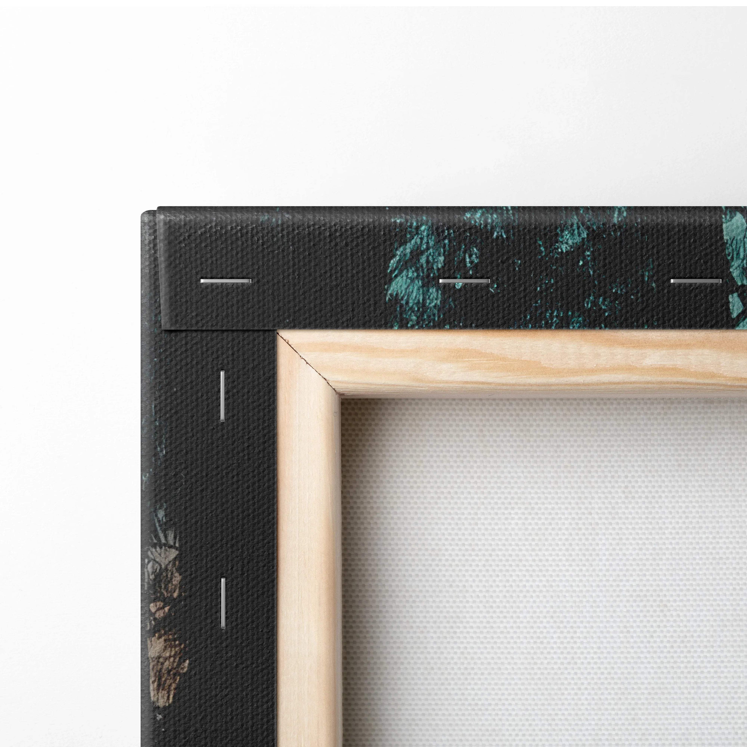 Tranquil landscape canvas wall art with teal brown abstract patterns in light wood frame