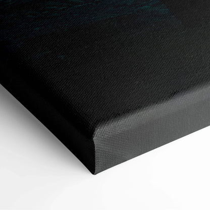 Black canvas print of tranquil mountains over still lake at dusk with teal texture