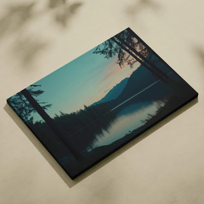Canvas wall art of serene mountain lake at dusk in teal and pink hues