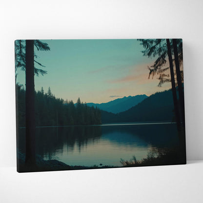 Canvas wall art of serene lake at dusk with pines and mountains in teal blues