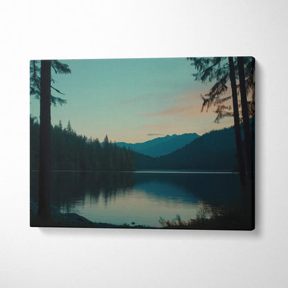 Canvas print of tranquil lakeside mountains at dusk blue hour