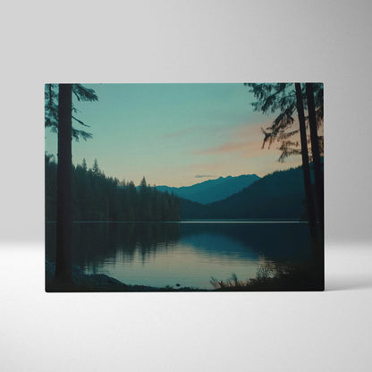 Tranquil canvas wall art of mountains over still lake at dusk blue hour