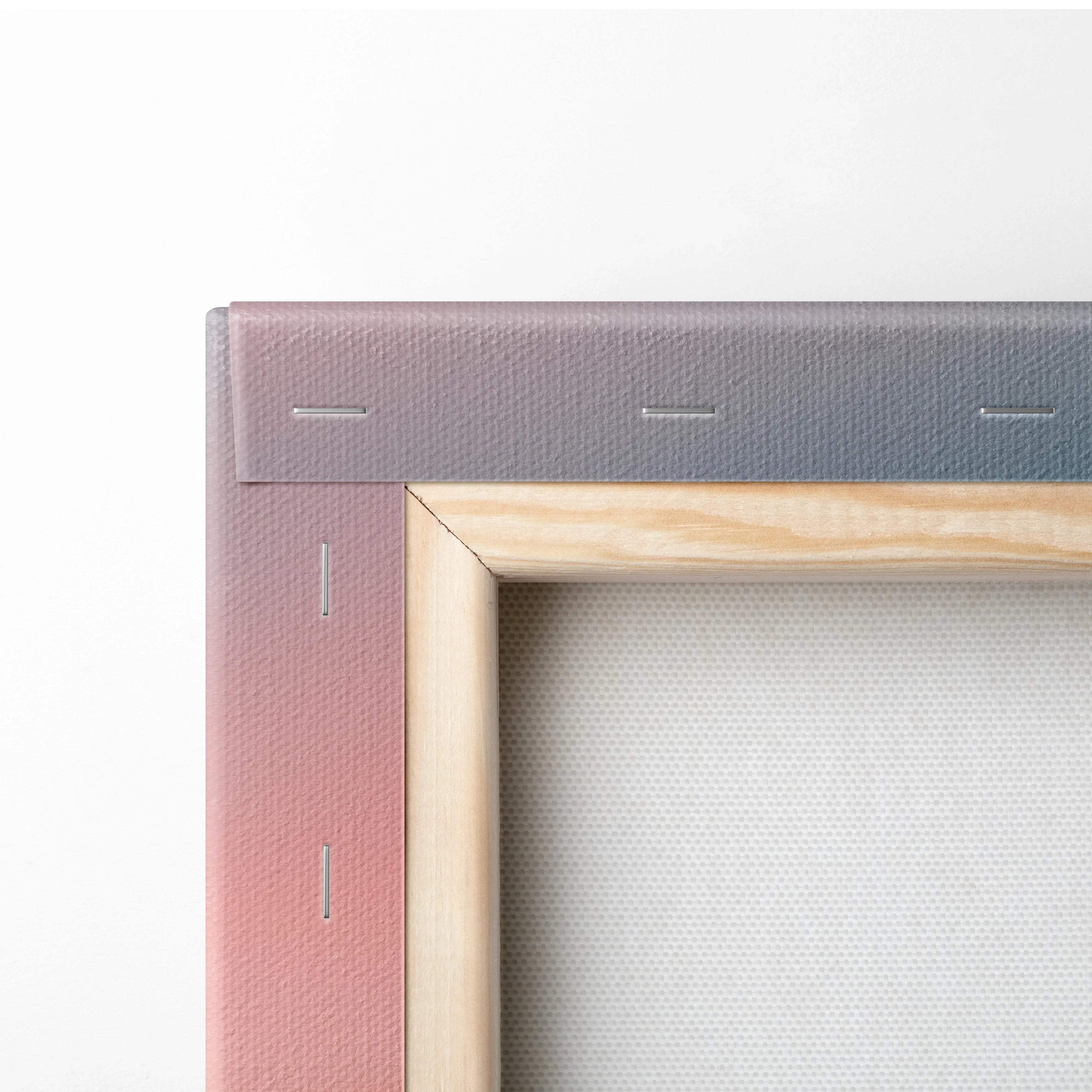 Minimalist light wood canvas frame with pink-to-gray gradient edges, calm palm tree lake sunset art