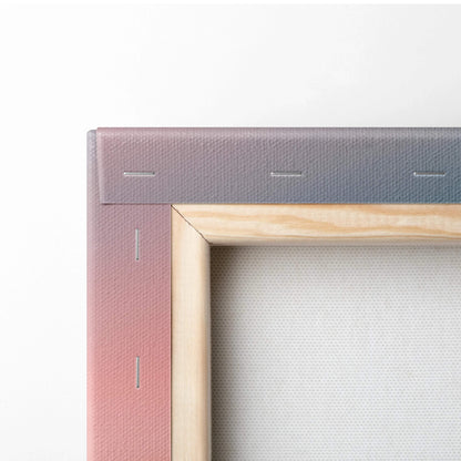 Minimalist light wood canvas frame with pink-to-gray gradient edges, calm palm tree lake sunset art