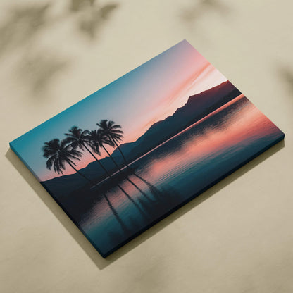 Canvas print of serene sunset over still lake with palm trees and mountains