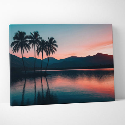 Canvas print of serene sunset with silhouetted palm trees, mountains, lake reflections