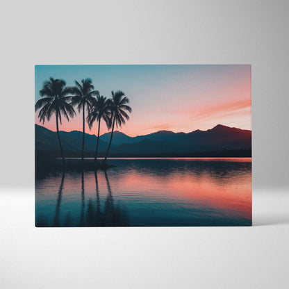 Canvas print of serene sunset with silhouetted palm trees, mountains, lake reflections