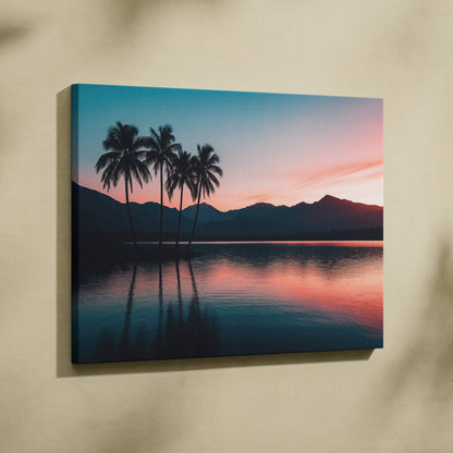 Canvas print of serene sunset with silhouetted palm trees, mountains, lake reflections