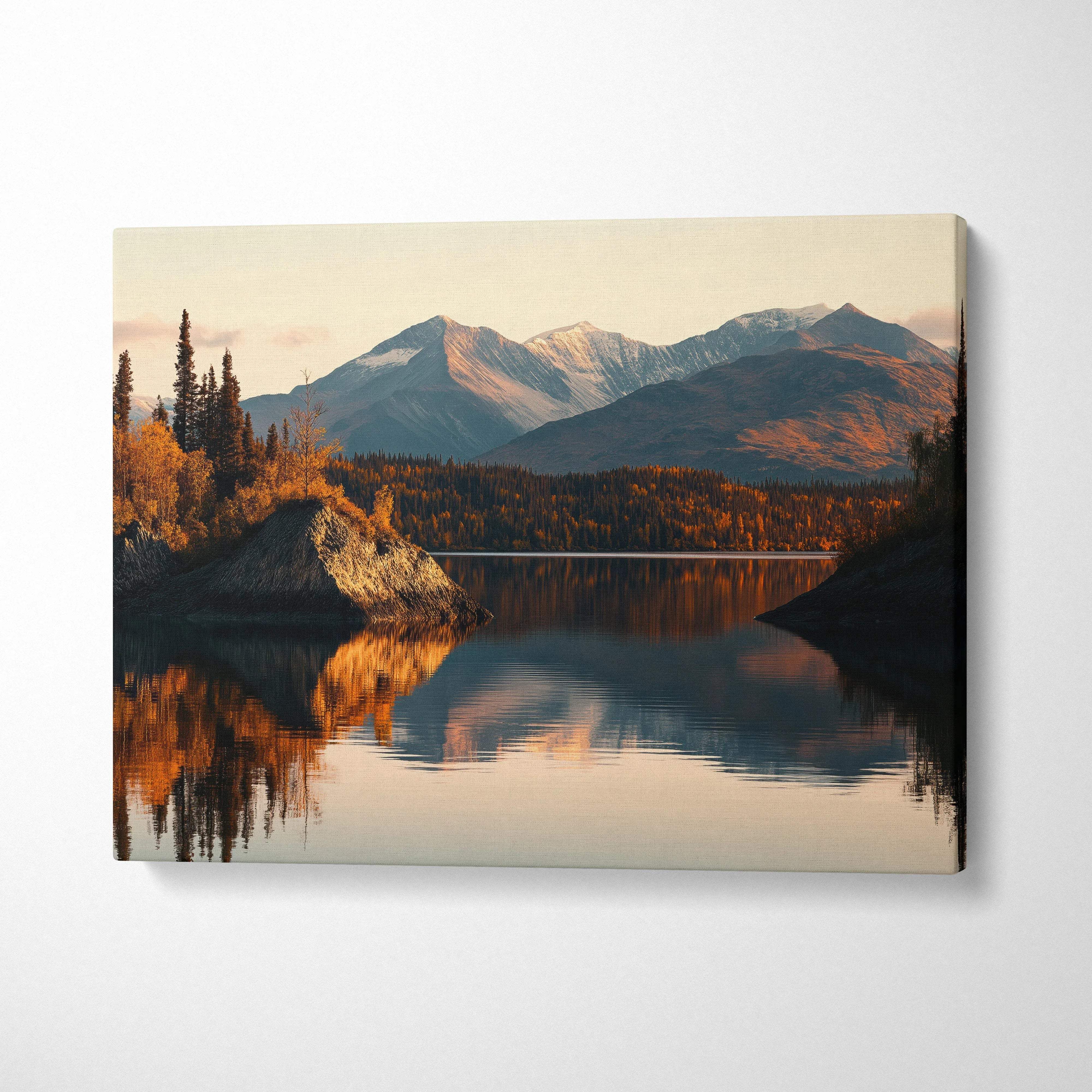 Serene canvas print of autumn lake with snow-capped mountains