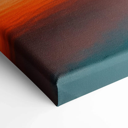 Serene sunset canvas art: mountains, palms over lake in orange-teal gradient