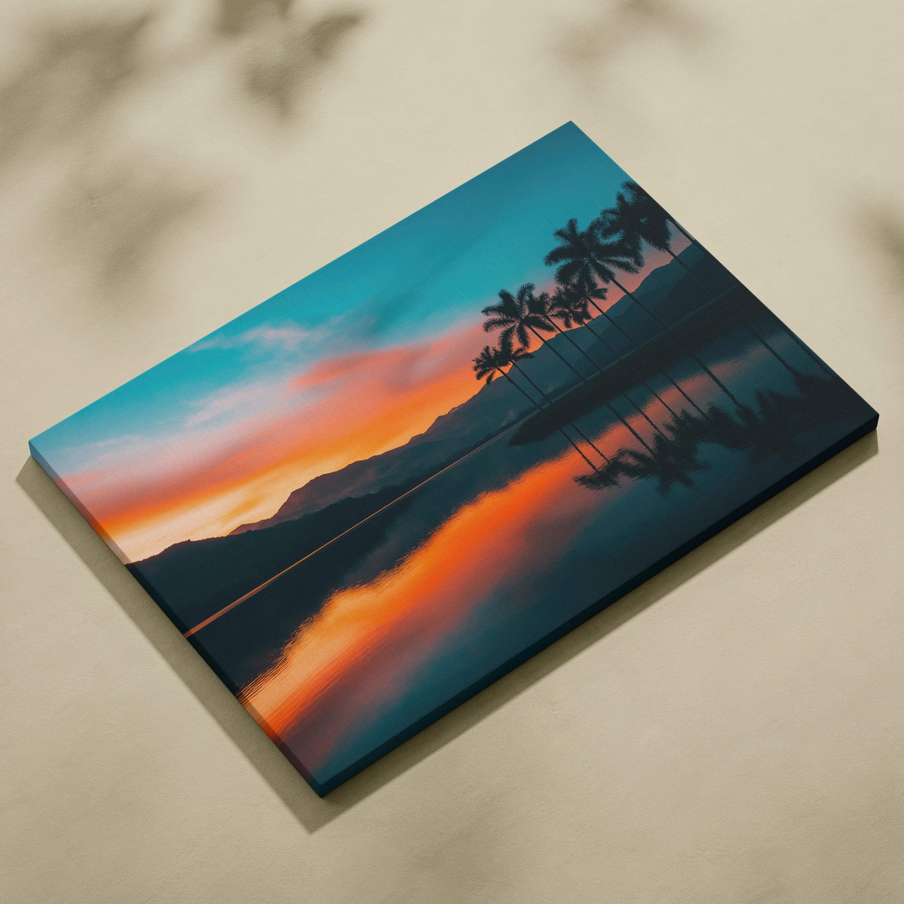 Serene sunset canvas art with mountains, palm trees over reflective lake