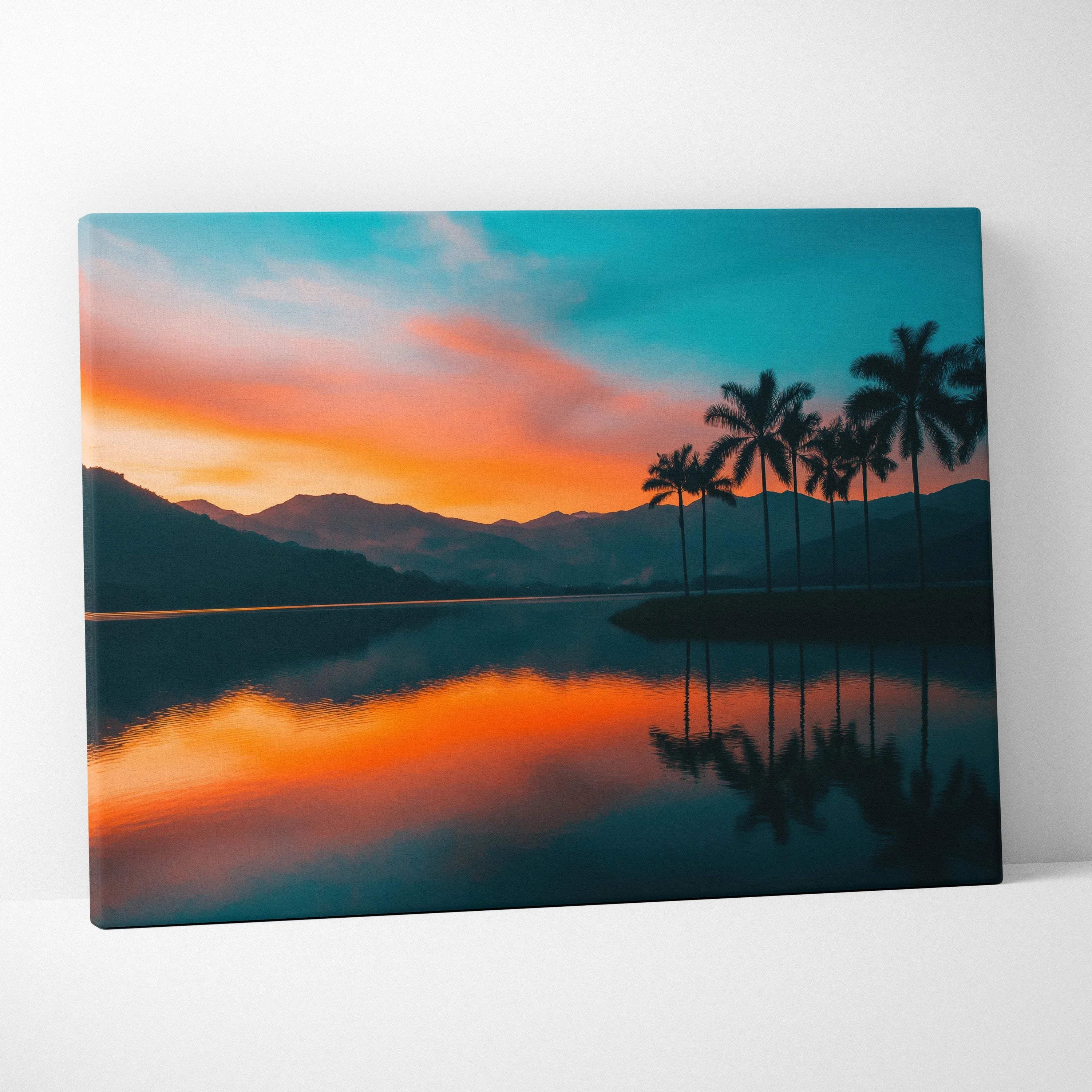 Serene sunset canvas wall art with silhouetted palm trees, mountains over reflective lake