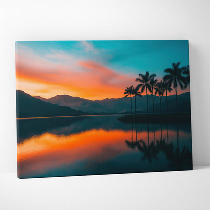 Serene sunset canvas wall art with silhouetted palm trees, mountains over reflective lake