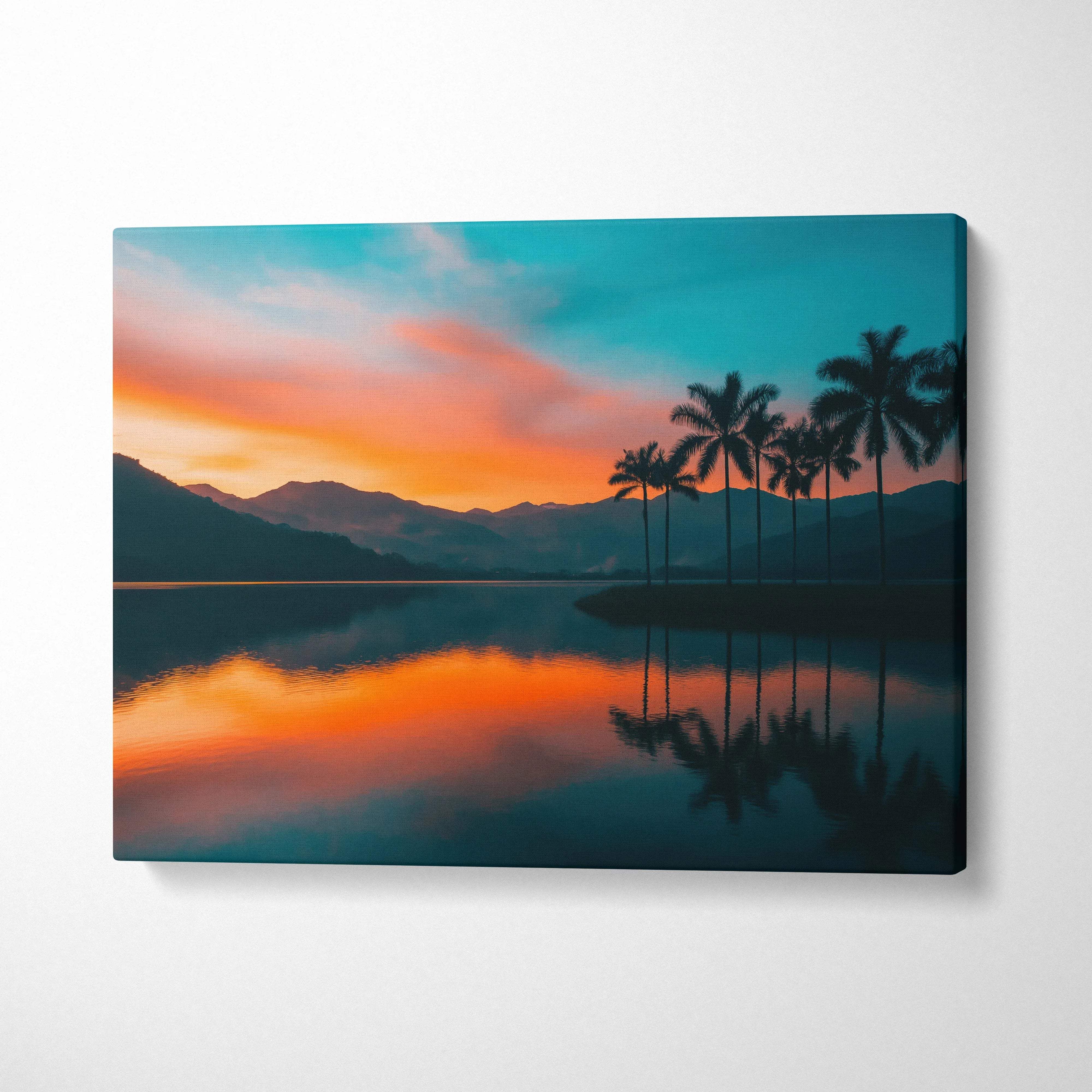 Serene sunset canvas art with silhouetted palms, mountains over lake