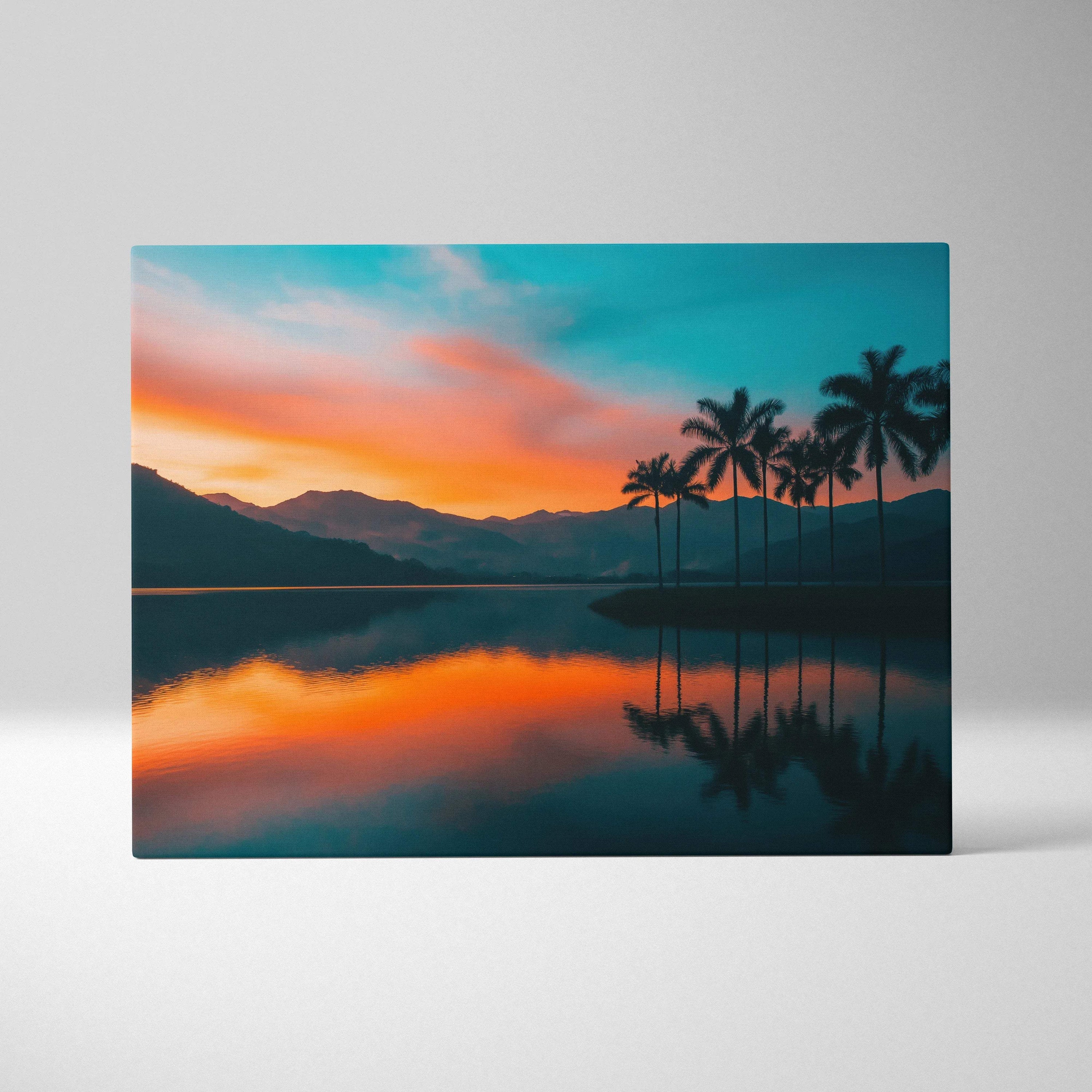 Serene sunset canvas art with silhouetted palm trees mountains over reflective lake