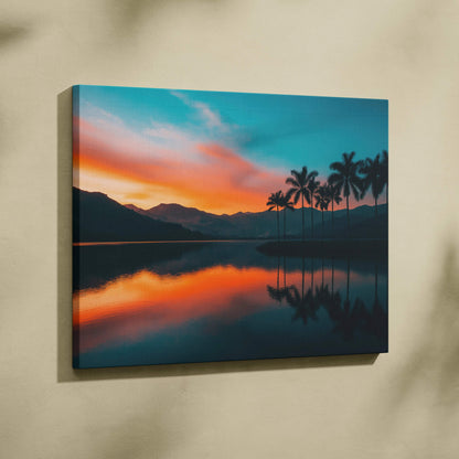 Serene sunset canvas print with silhouetted palm trees, mountains over reflective lake