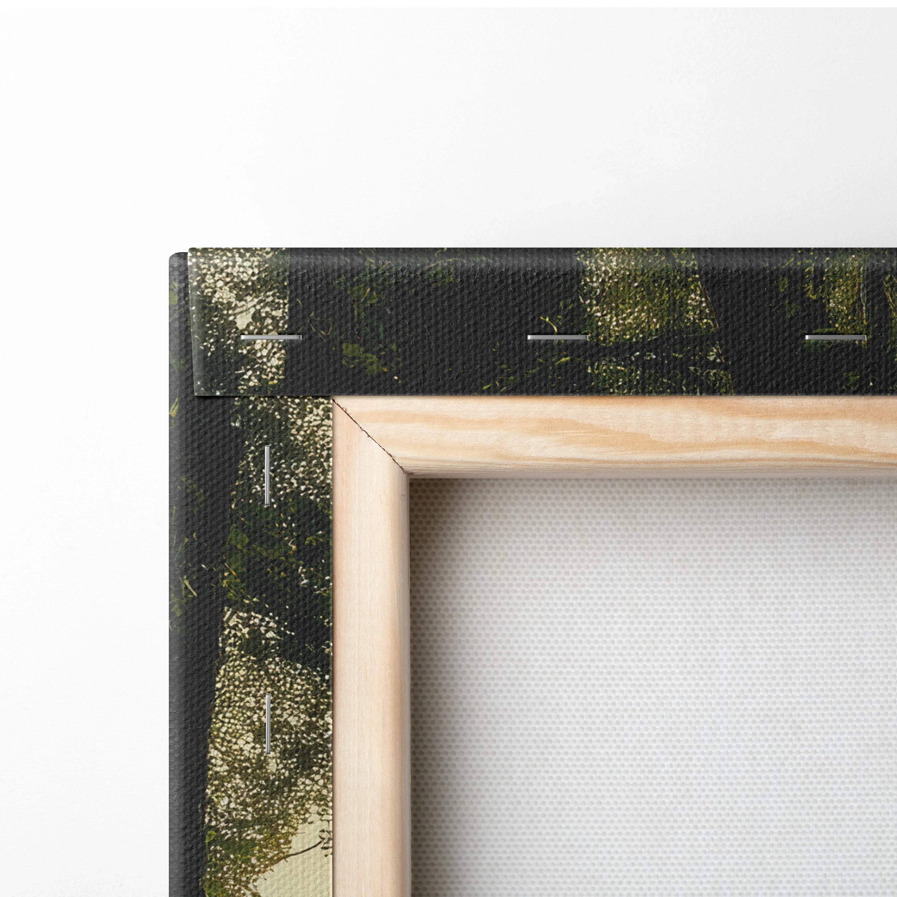 Light wood frame with black canvas of serene green foliage, blossoms, forest lake, mountains