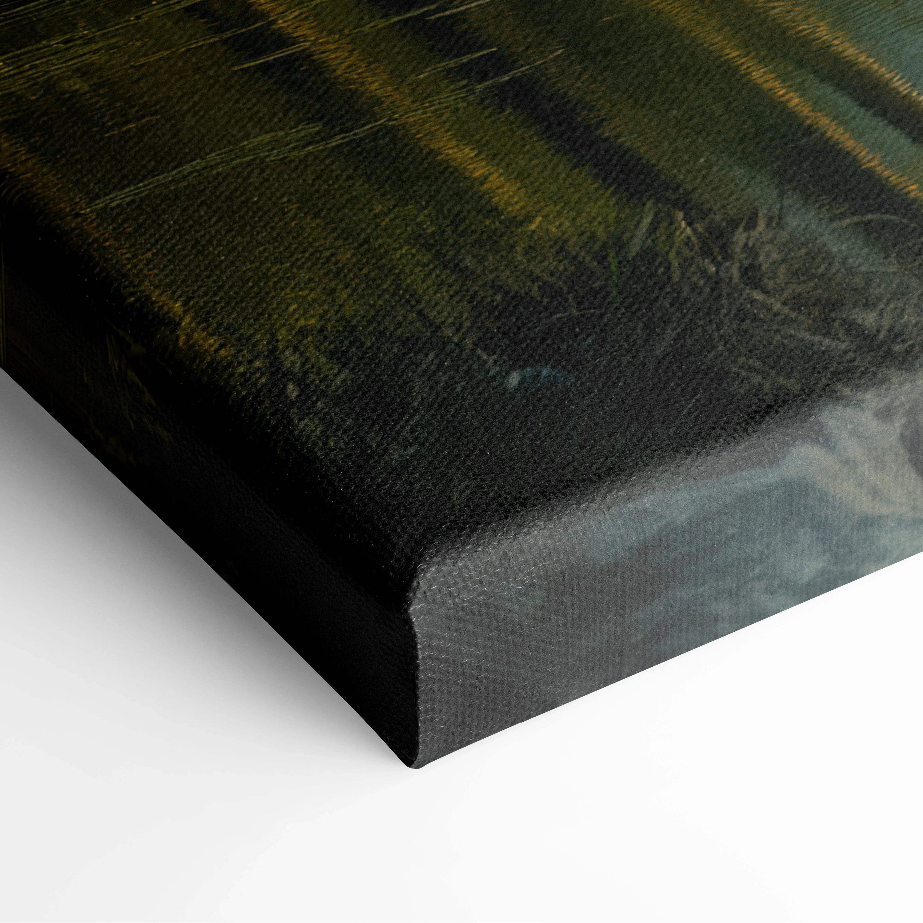 Canvas print of serene nature landscape with textured dark green black brushstrokes