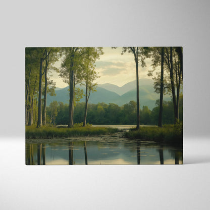 Serene canvas wall art of forest lake with distant mountains in calming greens