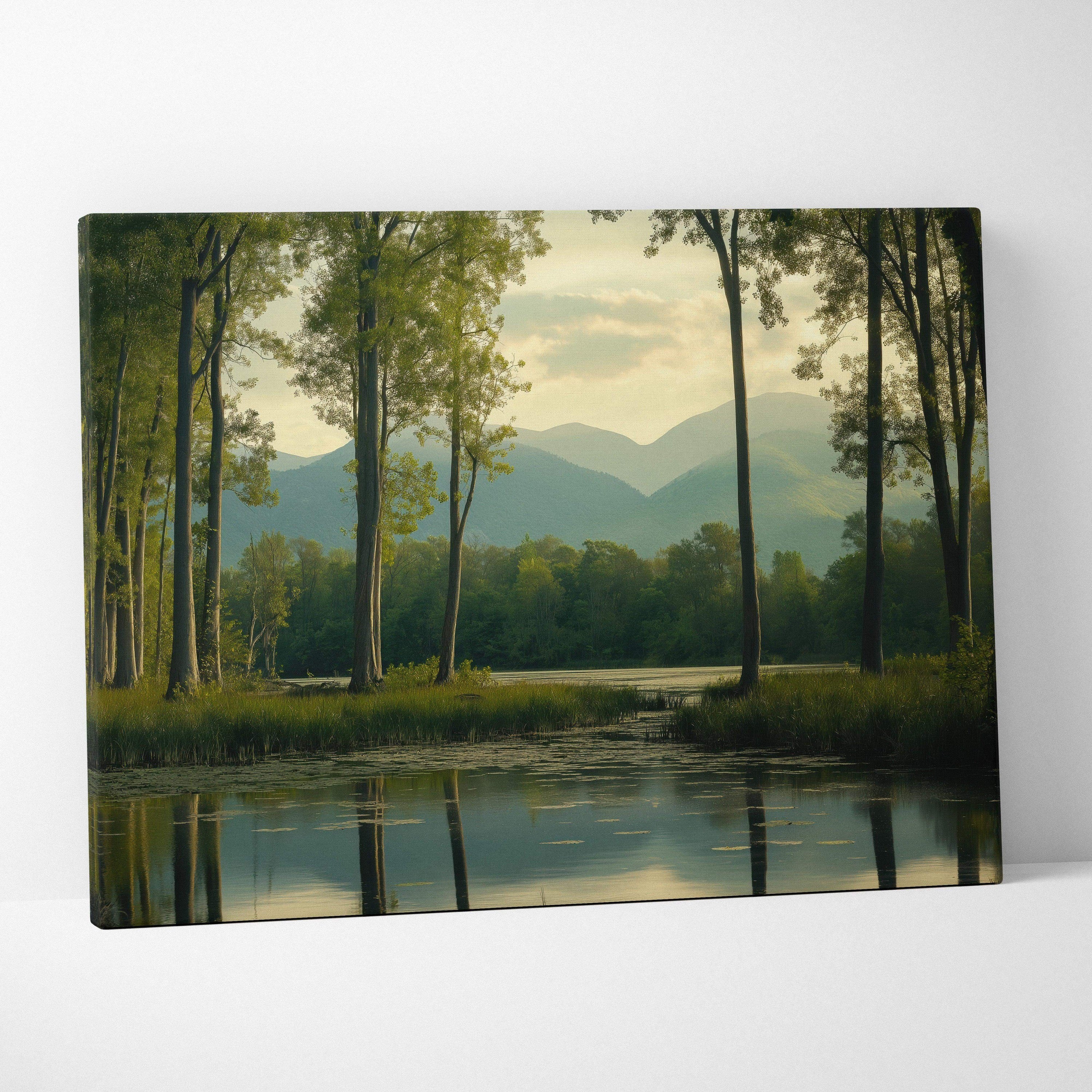 Serene canvas wall art of green trees, lily pad pond, misty mountains