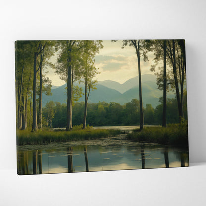 Serene canvas wall art of green trees, lily pad pond, misty mountains