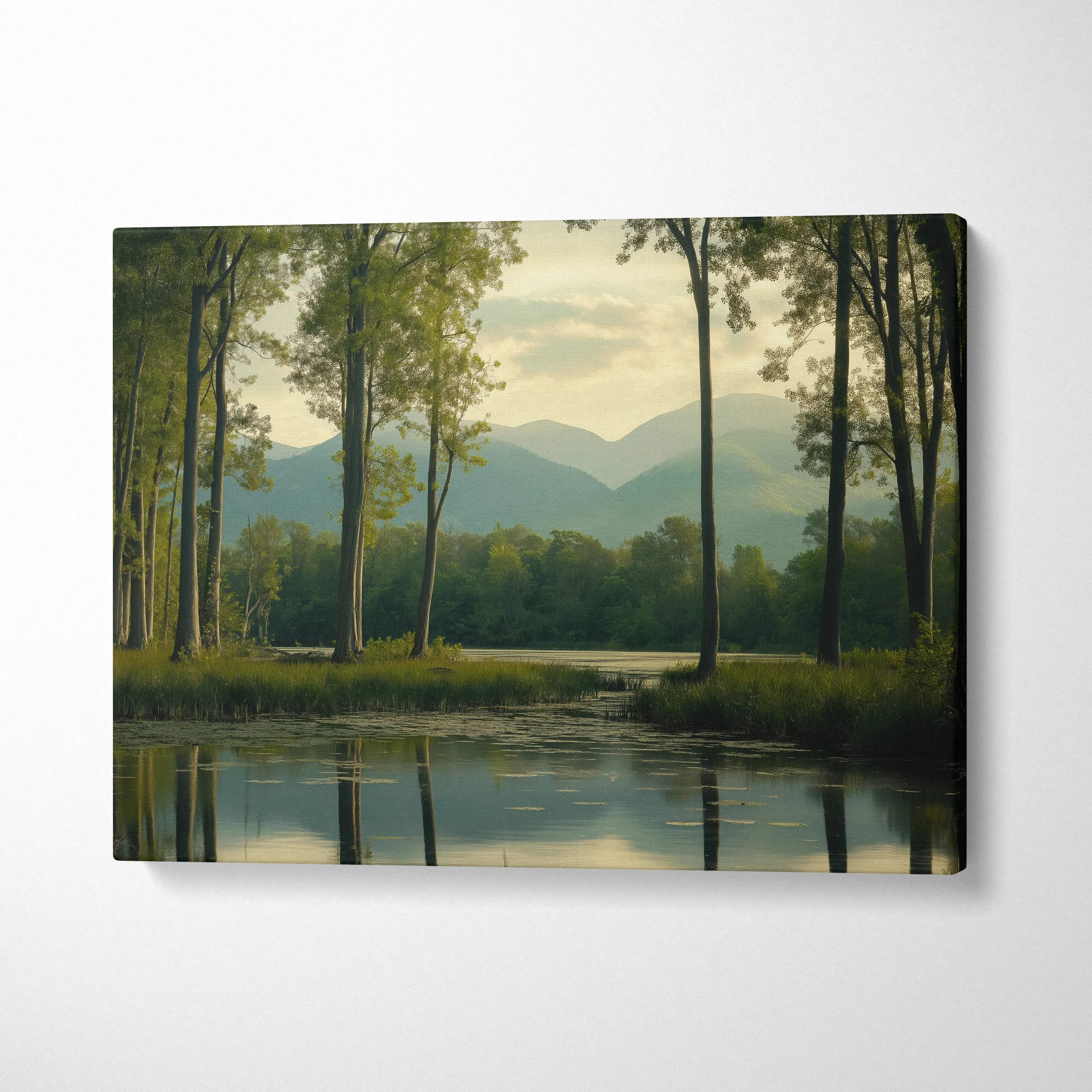 Serene forest lake canvas art with mountains, calming green mood