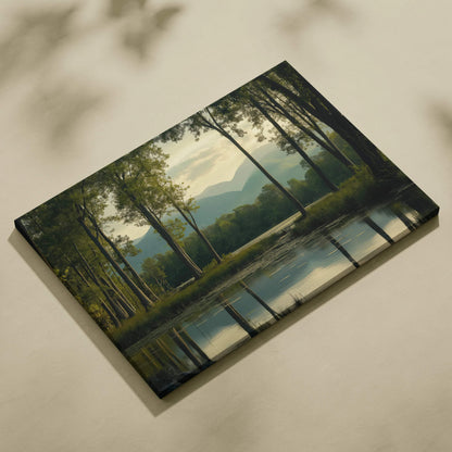 Serene canvas wall art of forest lake with mountains in calming greens