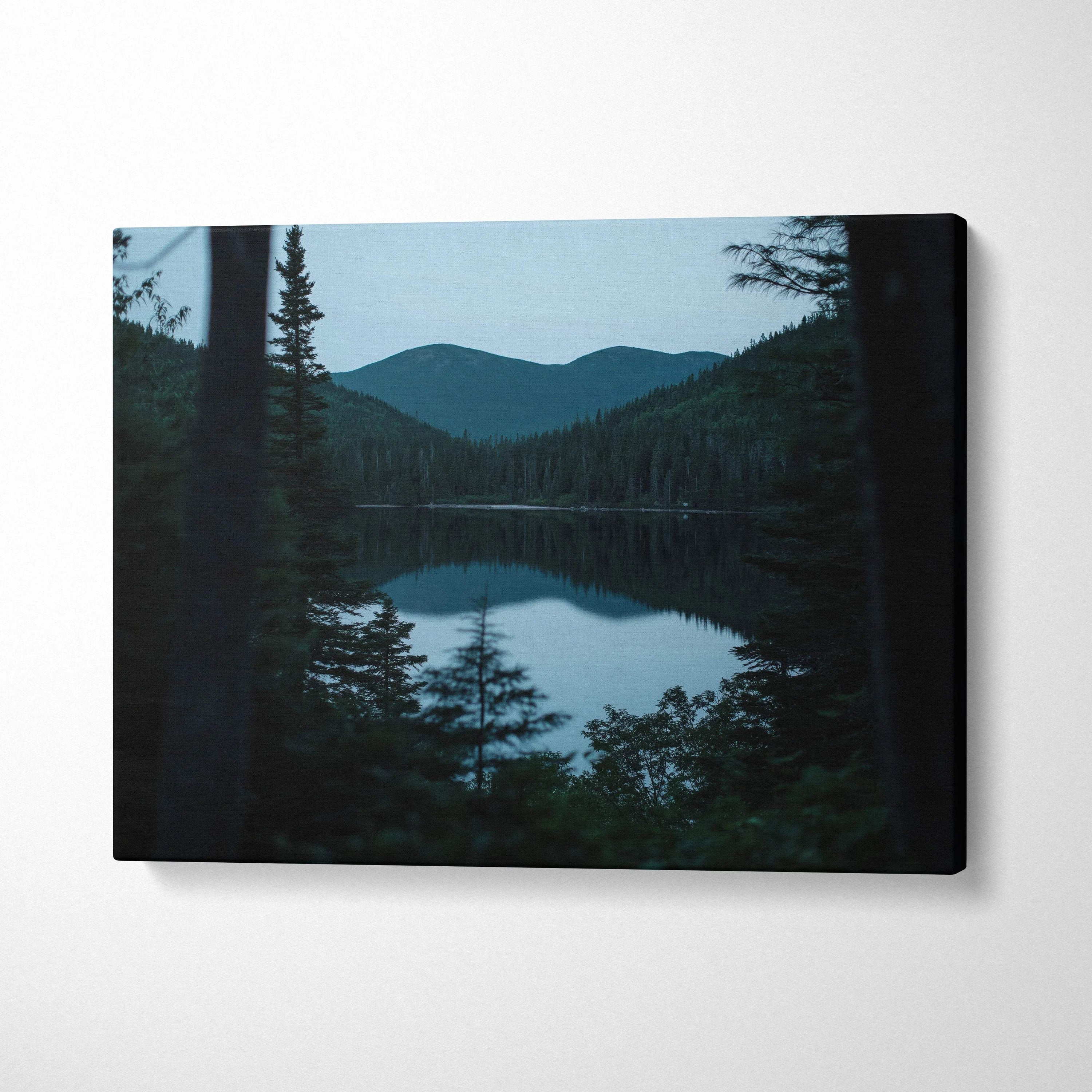 Canvas wall art of serene forest lake mountains at blue hour calm