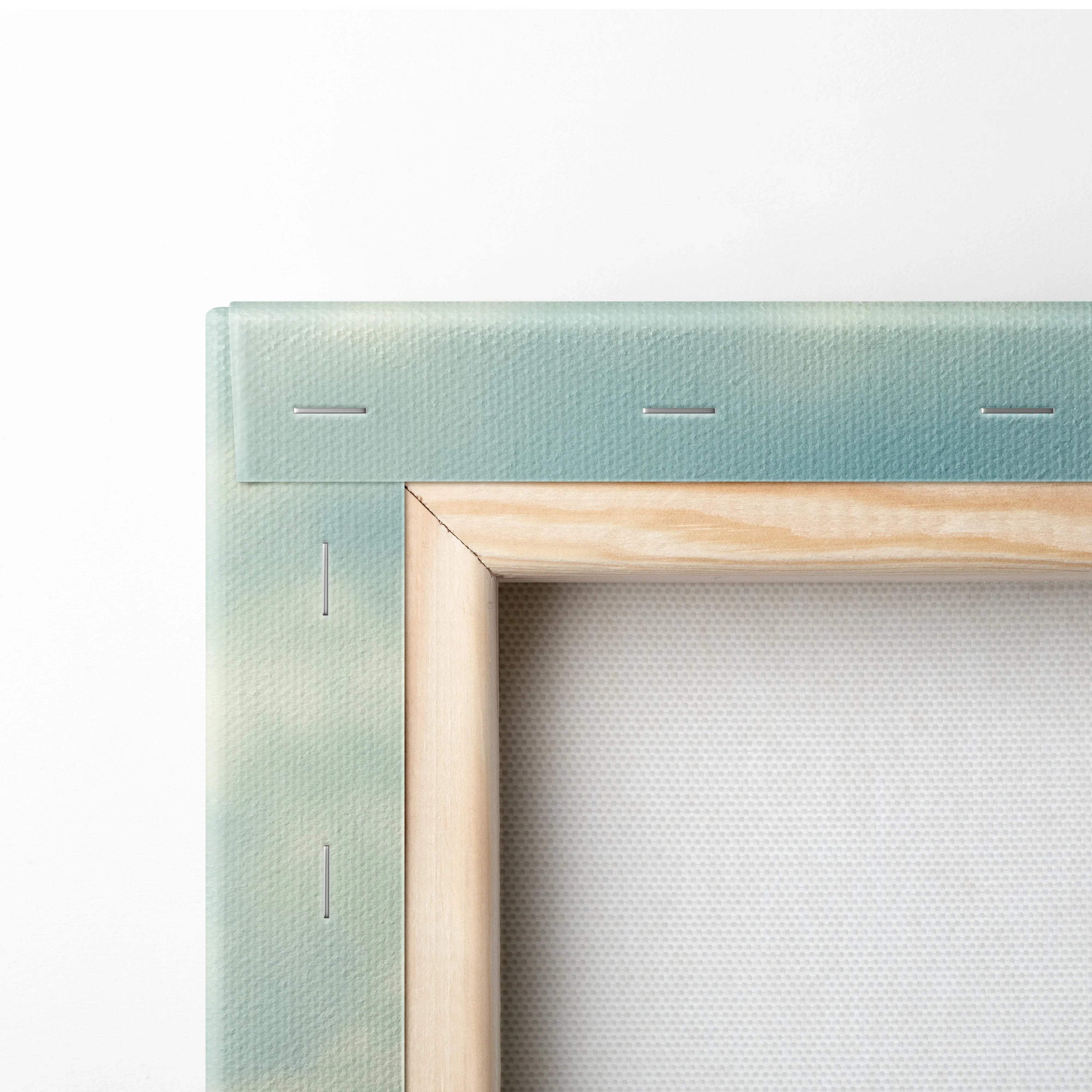 Light mint green canvas frame with wood border, serene blue mountain lake art