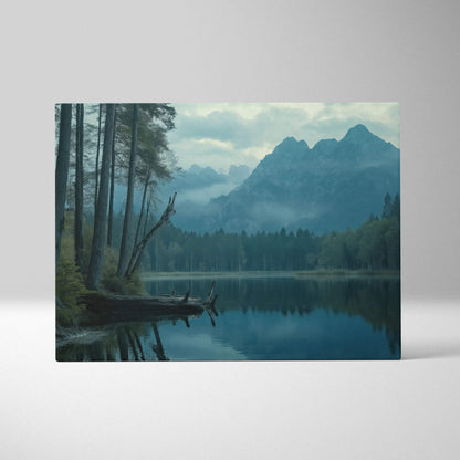Serene mountain lake canvas wall art in cool blue tones