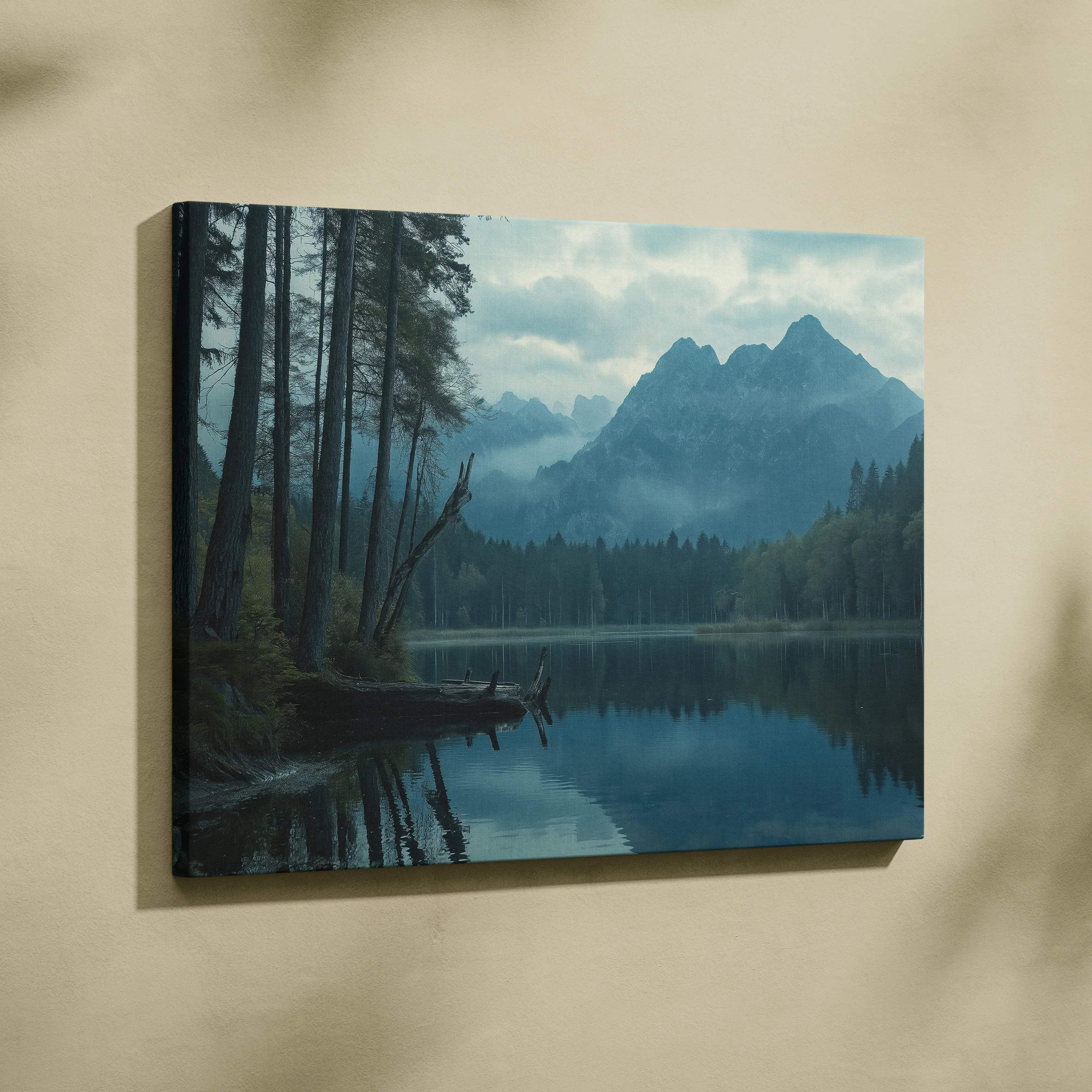 Blue-toned mountain lake landscape on serene canvas wall art