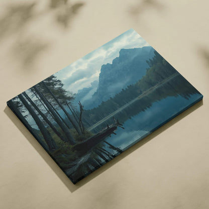 Blue mountain canvas print with misty peaks and reflective lake
