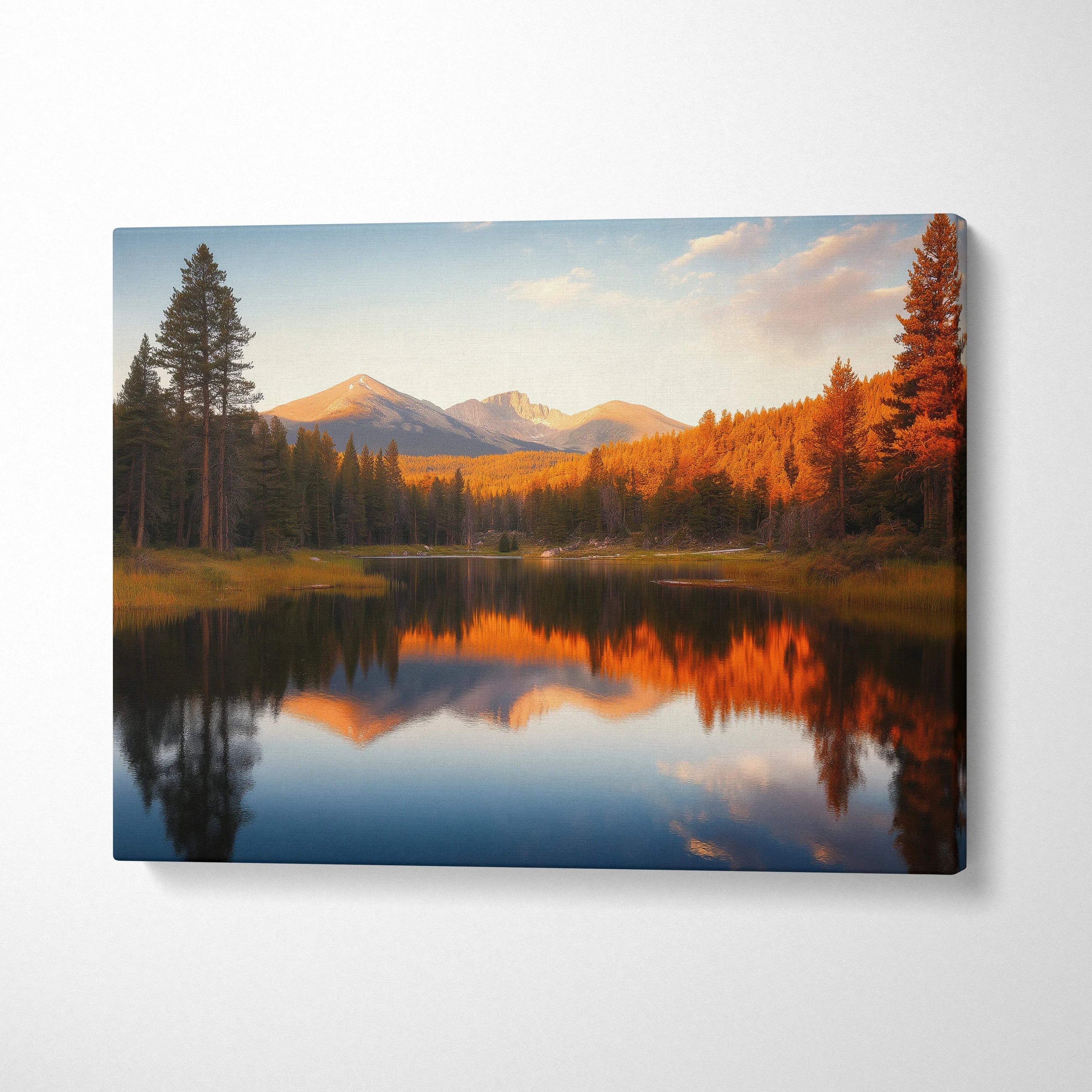 Canvas wall art of serene mountain lake with golden autumn warmth