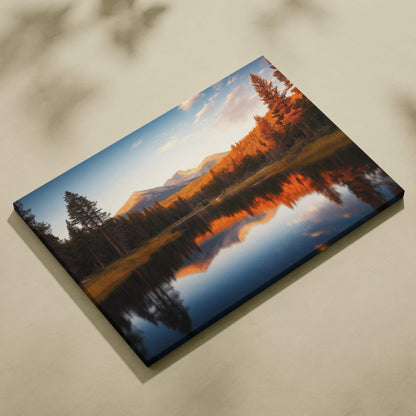 Canvas print of serene mountain lake at golden hour autumn with orange trees reflection